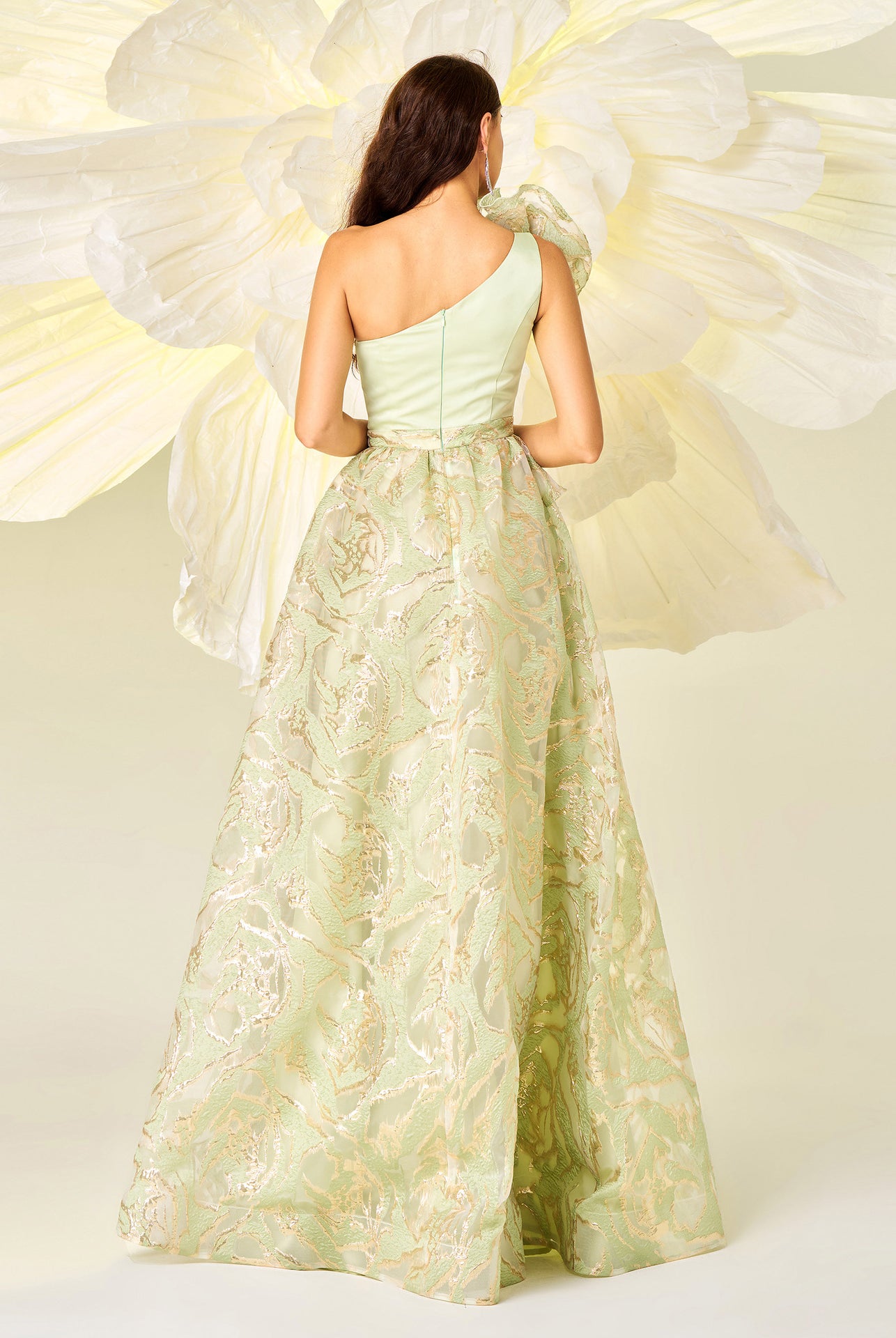 Elegant light green one-shoulder gown for high-end fashion and ملابس by Langry