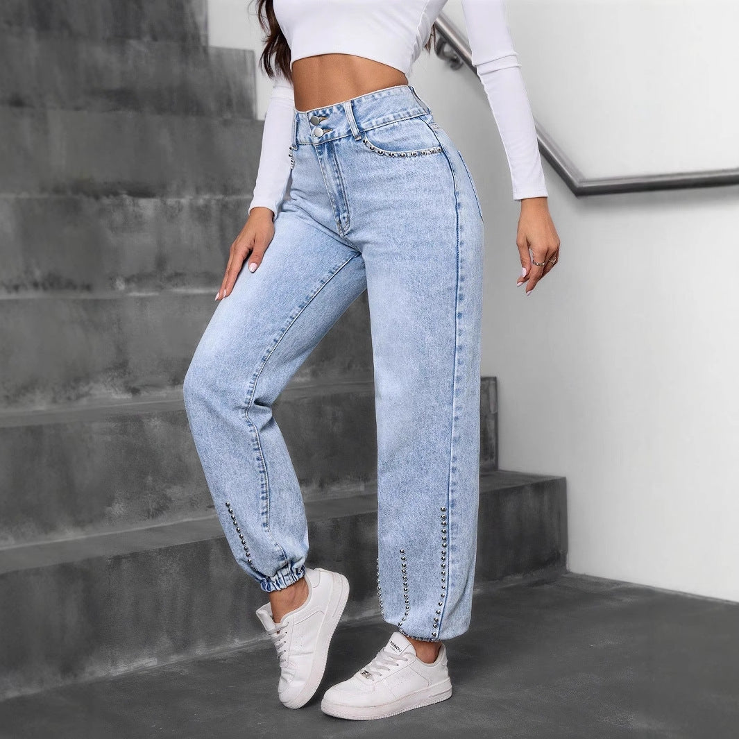 Light wash high-waisted denim joggers with elastic cuffs from Casual All Match Beaded Straight Jeans Trousers