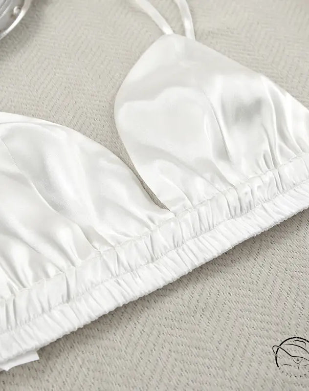 Comfortable silk feather nightgown with white satin bralette and ruched elastic band