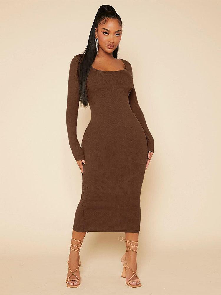 Elegant graceful slim midi dress in brown long-sleeved fashion, perfect for stylish ملابس