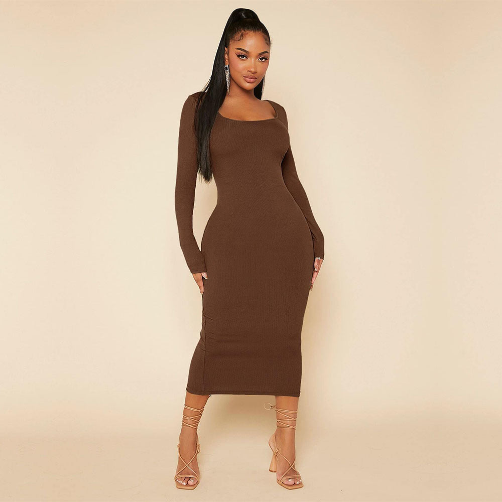 Elegant graceful slim midi dress in brown long-sleeved fashion, perfect for stylish ملابس