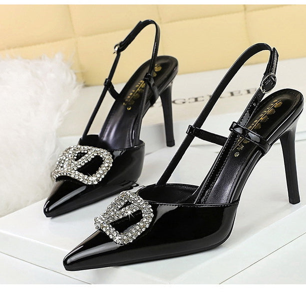Classy langry fashion black patent leather high-heeled sandals with rhinestone buckle