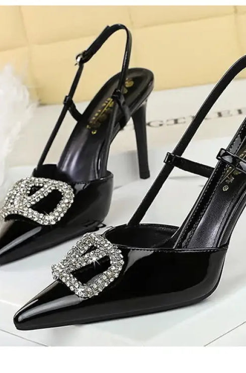 Classy langry fashion black patent leather high-heeled sandals with rhinestone buckle