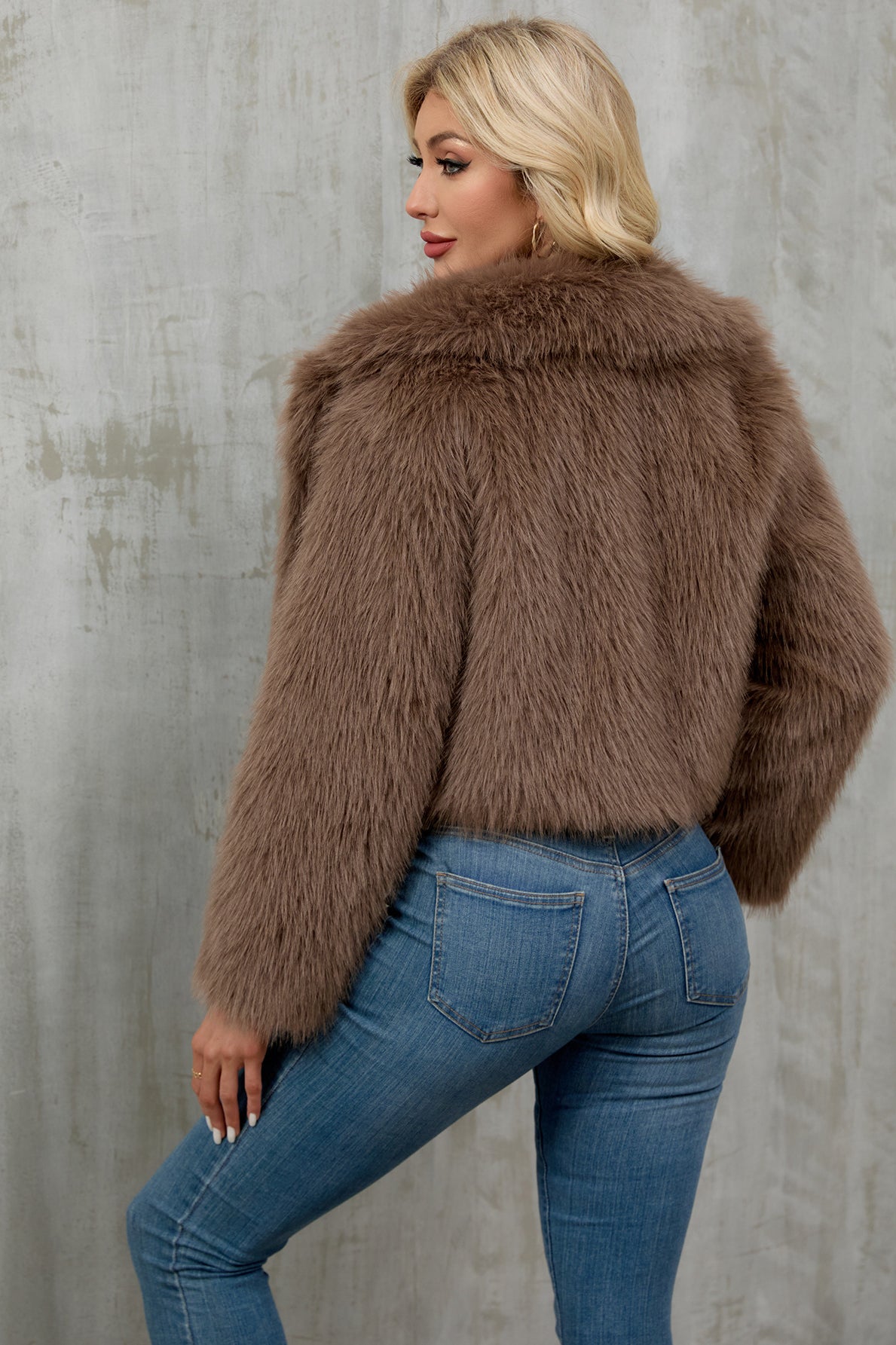 Plush taupe faux fur cropped jacket with fluffy collar by Langry fashion