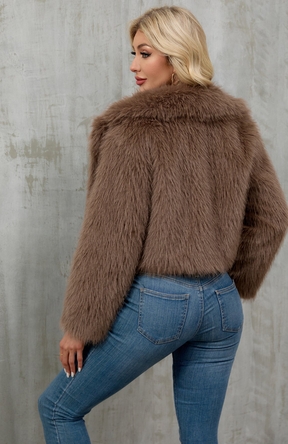Plush taupe faux fur cropped jacket with fluffy collar by Langry fashion