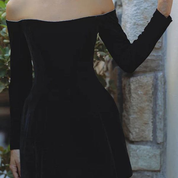 Black off-shoulder long-sleeve mini dress for elegant fashion and stylish ملابس