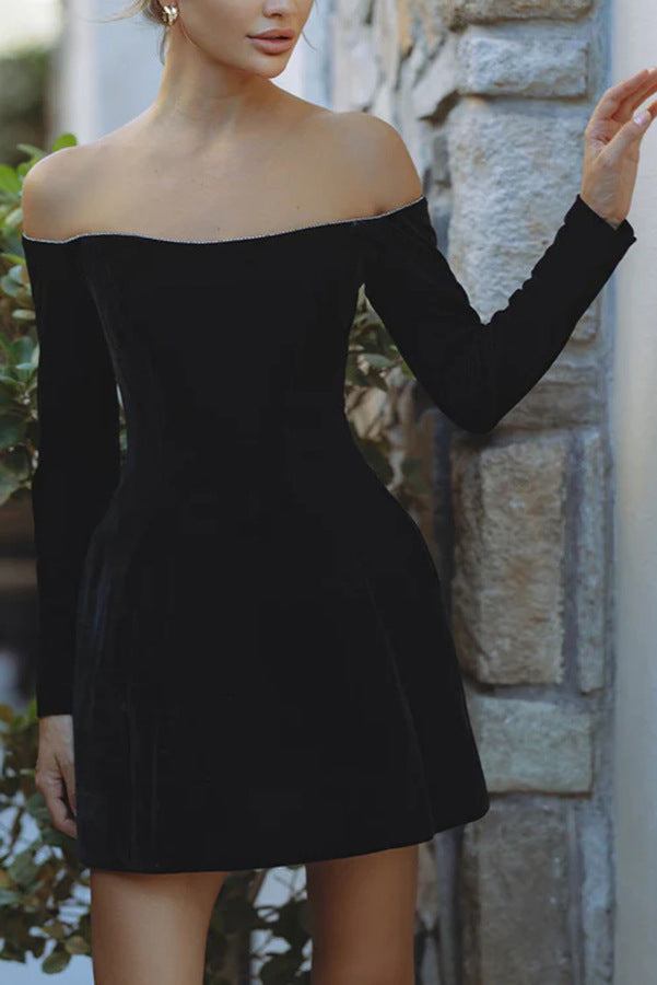 Black off-shoulder long-sleeve mini dress for elegant fashion and stylish ملابس