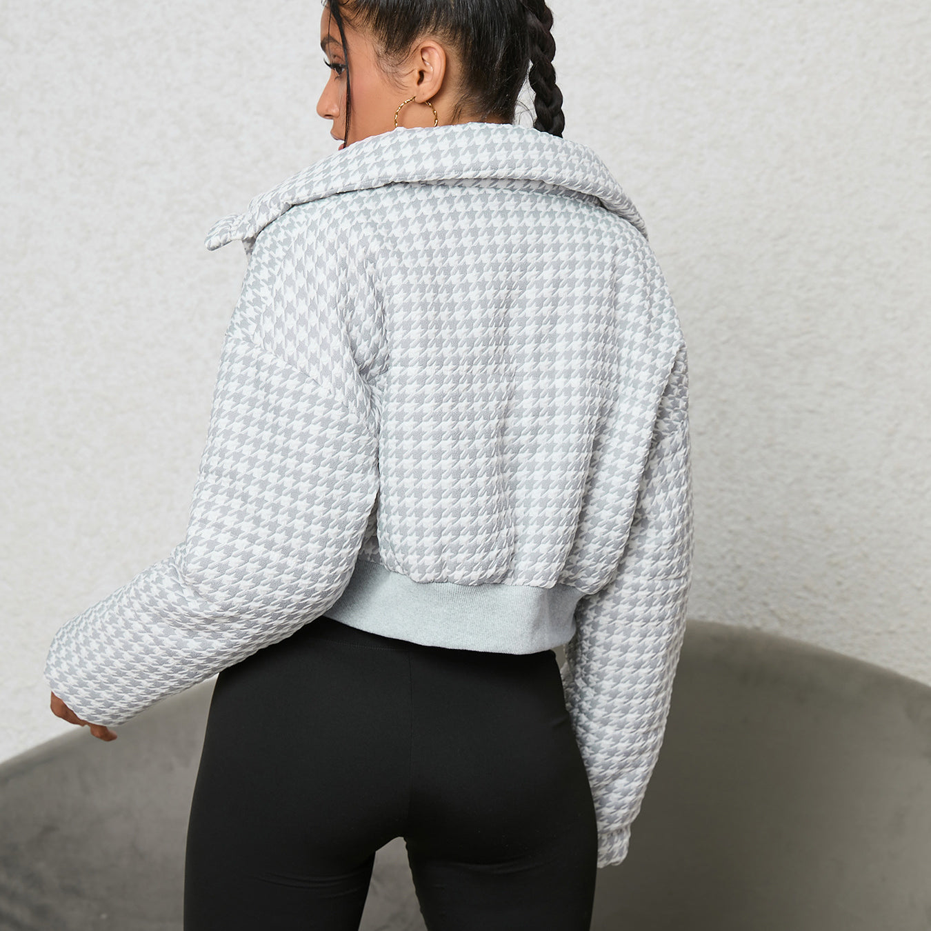 Houndstooth cropped jacket from Langry, stylish addition to cozy cotton padded fashion