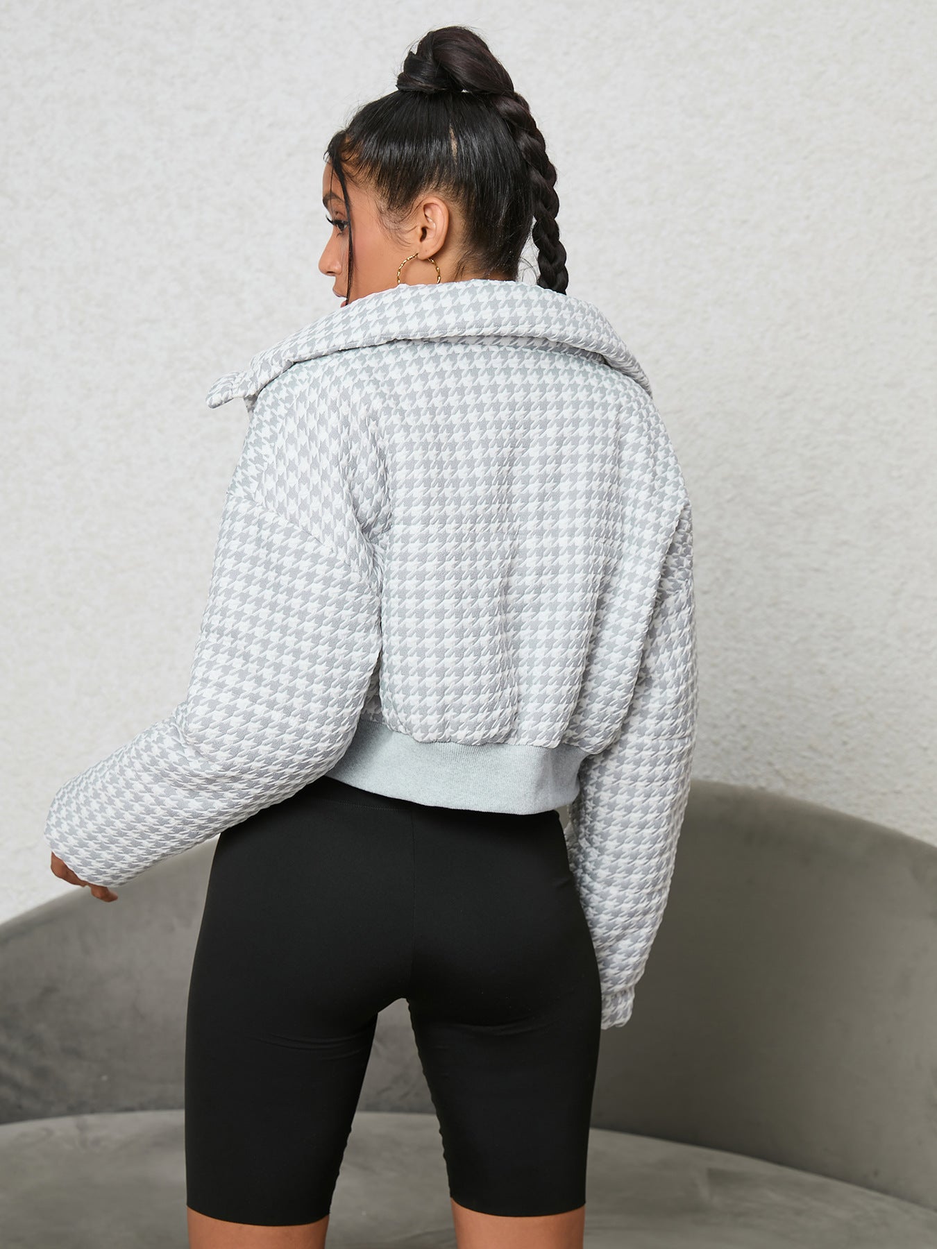 Houndstooth cropped jacket from Langry, stylish addition to cozy cotton padded fashion