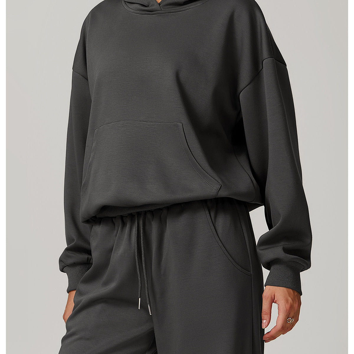 Gray hooded sweatshirt and pants set from Langry for stylish casual fashion ملابس