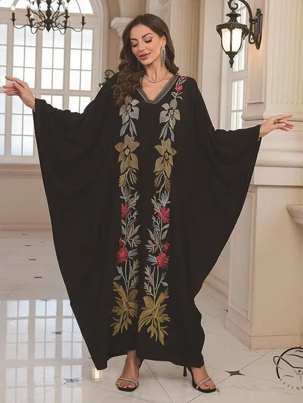 Black floral embroidered abaya with batwing sleeve length and v-neckline