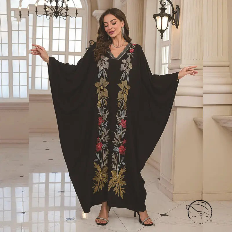 Black floral embroidered abaya with batwing sleeve length and v-neckline