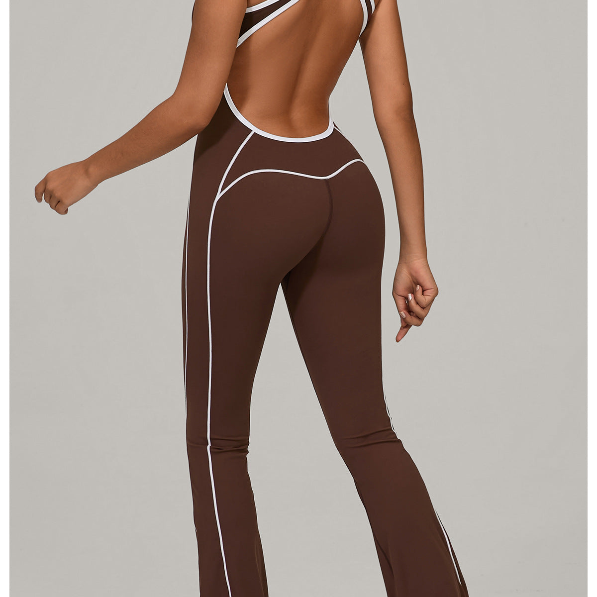 Brown Langry Beauty Back Yoga Jumpsuit with white piping