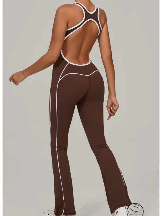 Beauty Back Yoga Jumpsuit in brown langry fashion ملابس with white piping