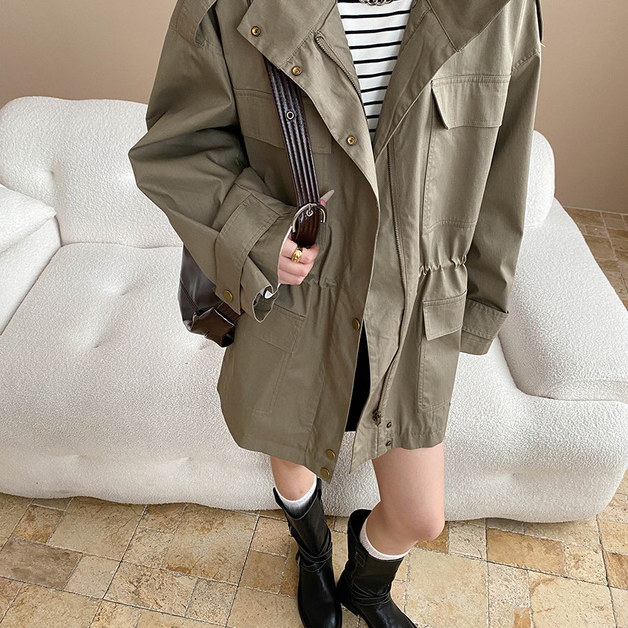 Langry fashionable olive green retro trench coat with black buttons