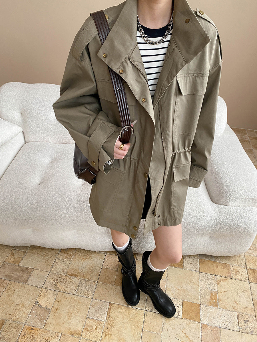 Langry fashionable olive green retro trench coat with black buttons