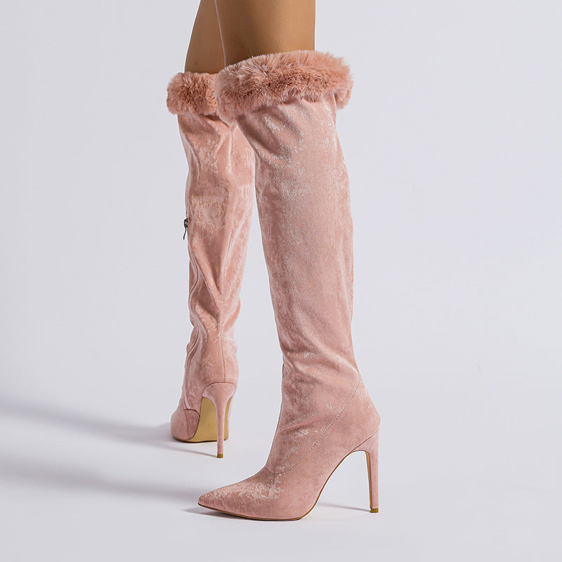 Pink velvet thigh-high stiletto boots with fur trim, a stylish heel high leg boot