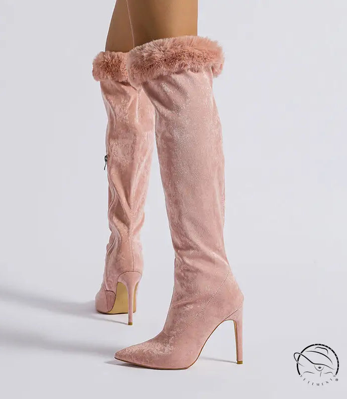 Pink velvet heel high leg boot with fur trim stiletto
