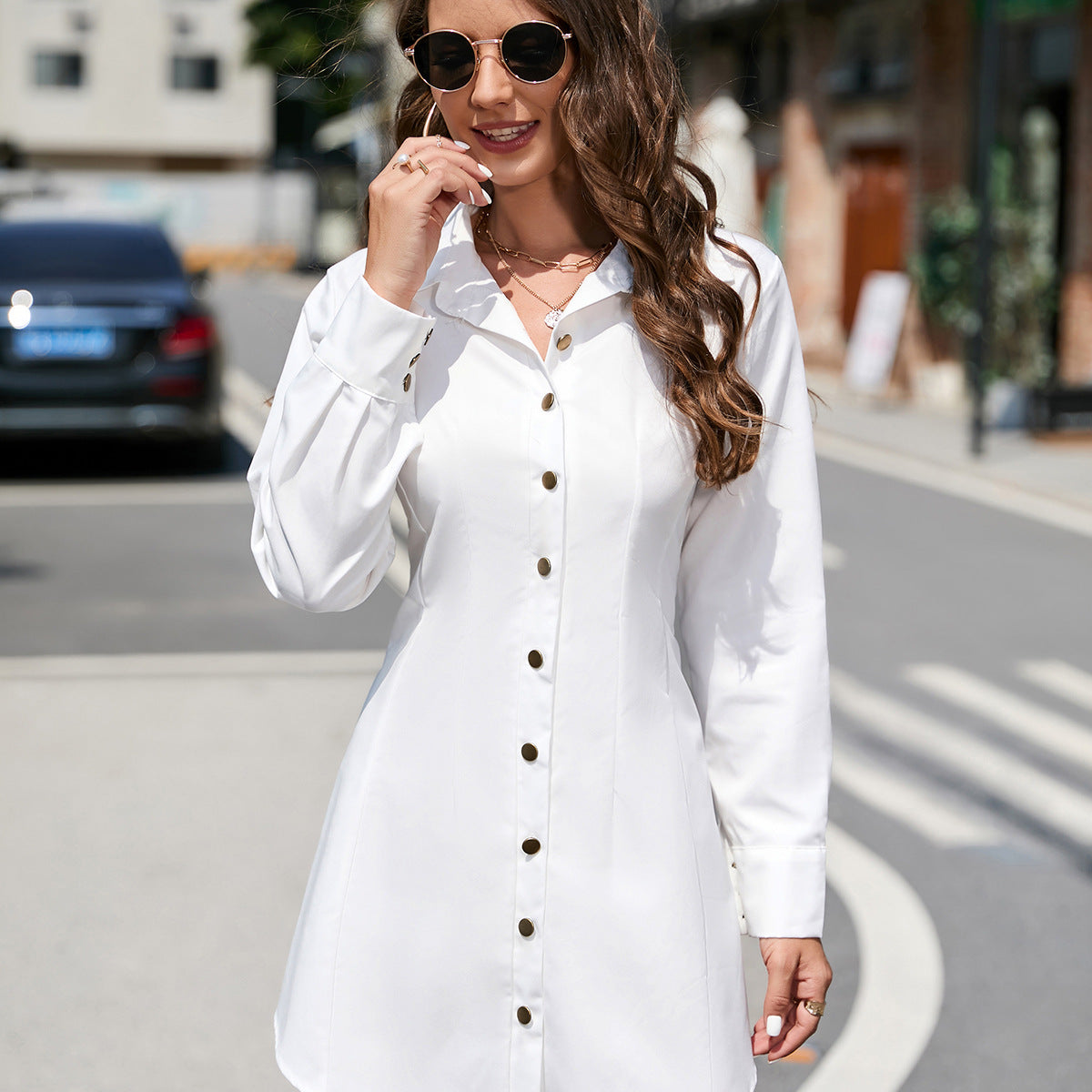 Elegant White Button-Down Shirt Dress, a stylish long sleeve fashion choice for any occasion