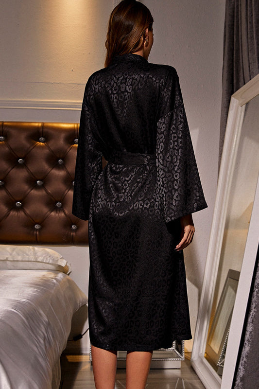 Elegant black lace robe with satin lining, long sleeve kimono fashion