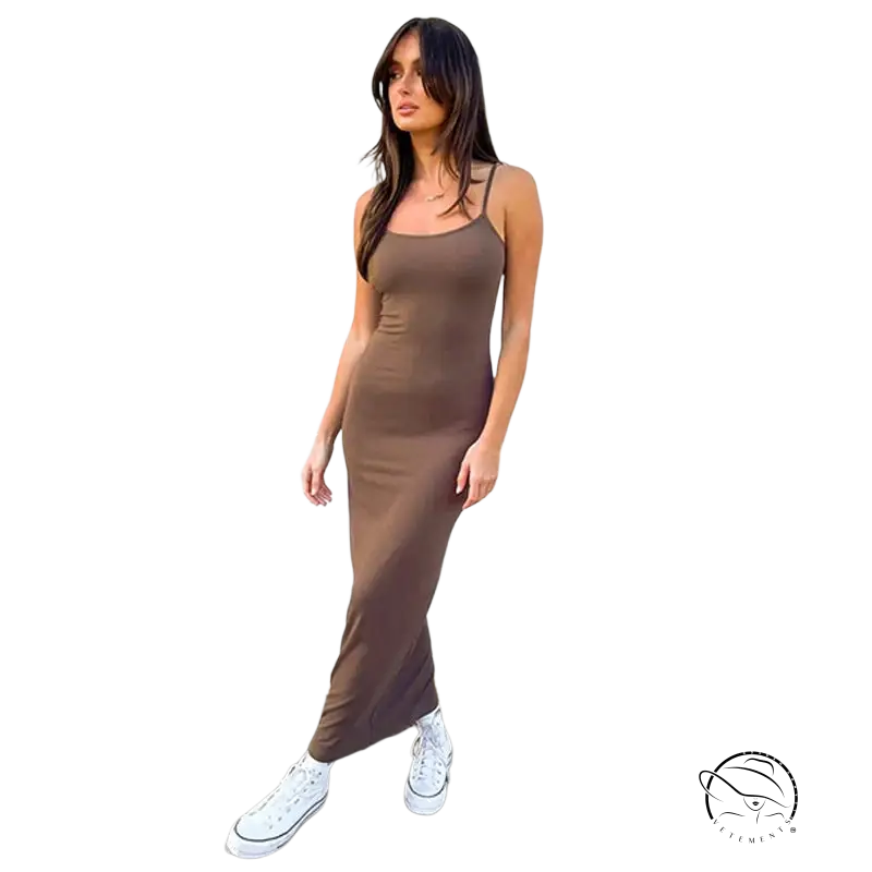 Sleek taupe spaghetti strap midi summer comfort dress, fitted silhouette