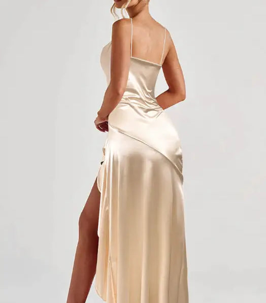 Champagne satin formal dress with high slit, gold trim, langry fashion