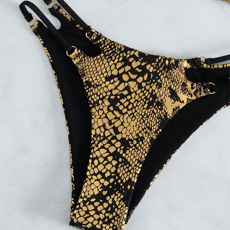 Summer printed snakeskin bikini bottoms with a printed snakeskin pattern and halter three point design
