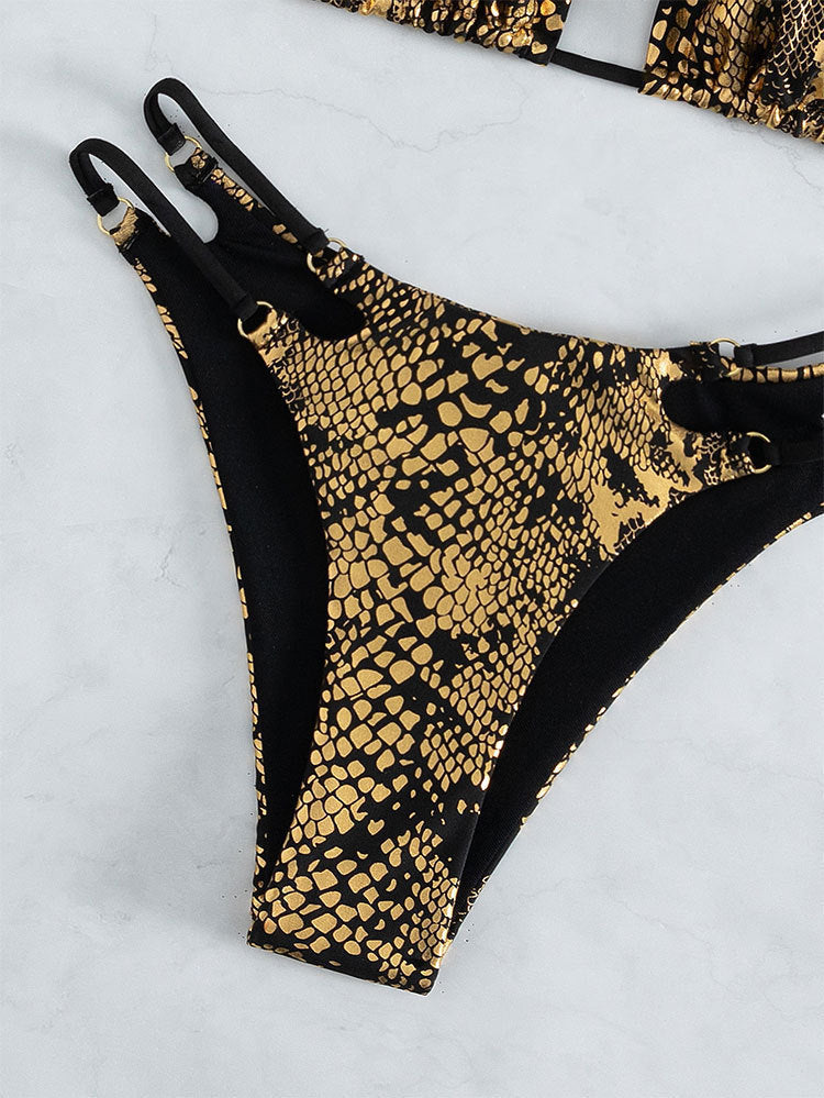 Summer printed snakeskin bikini bottoms with a printed snakeskin pattern and halter three point design