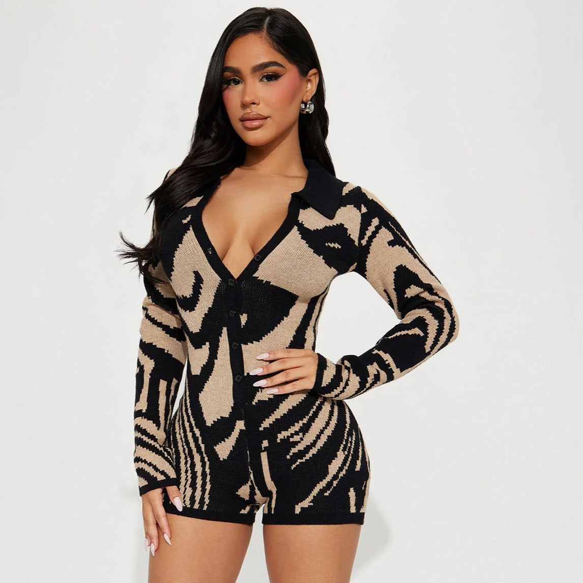 Black and beige patterned long sleeve romper in trendy casual fashion design