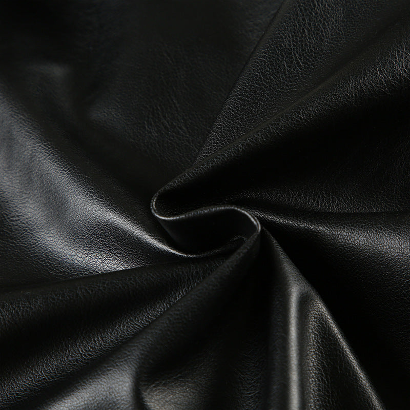 Wrinkled black faux leather in Loose Zipper Leather Jacket by Langry