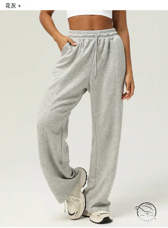 Light gray casual fitness yoga pants with elastic waistband and pockets