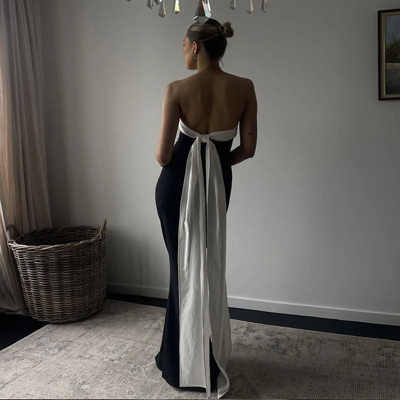 Strapless black and white gown from Stunning Backless Ribbon Dress, elegant fashion ملابس