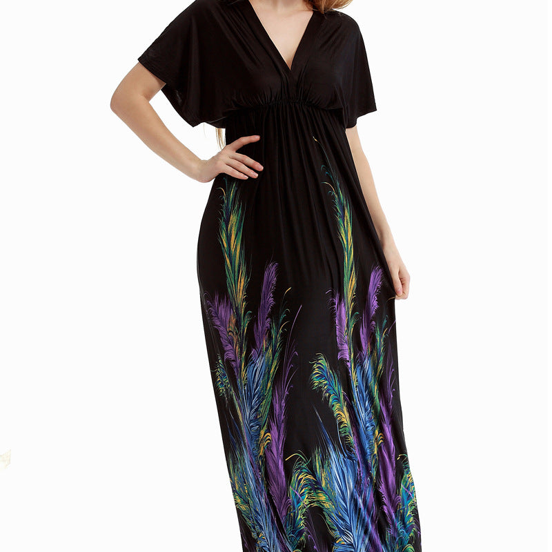 Black maxi dress with feather print from Holiday Beach Dress, perfect for langry fashion meets ملابس elegance