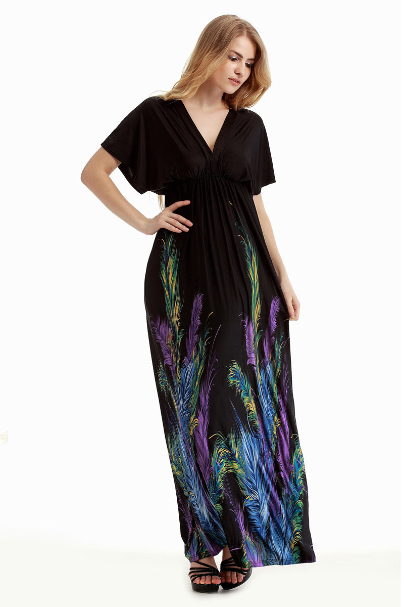 Black maxi dress with feather print from Holiday Beach Dress, perfect for langry fashion meets ملابس elegance