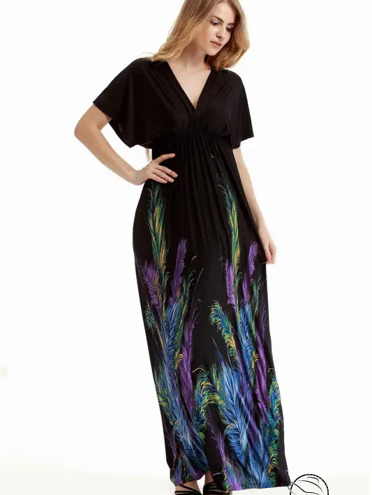 Black holiday beach dress with feather print