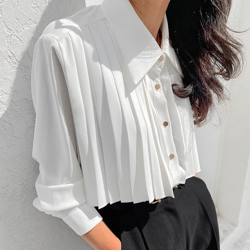 Elegant chiffon white pleated crop shirt with gold buttons from French Elegant Chiffon collection