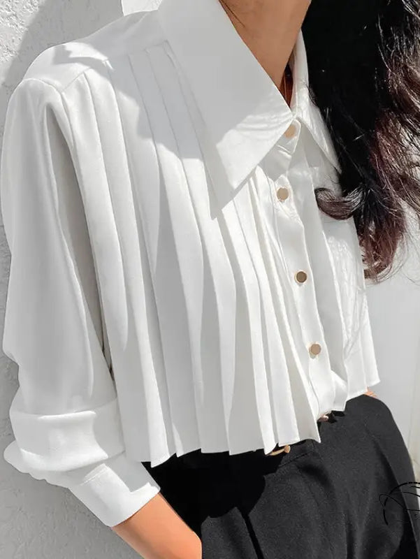 French elegant chiffon white pleated crop shirt with gold buttons