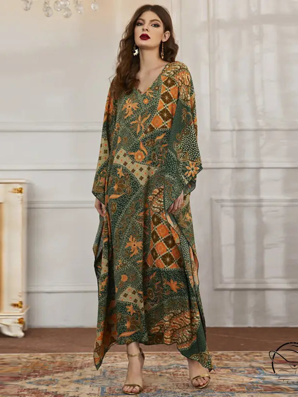 Elegant V-neck batwing sleeve langry fashion dress in green orange floral pattern