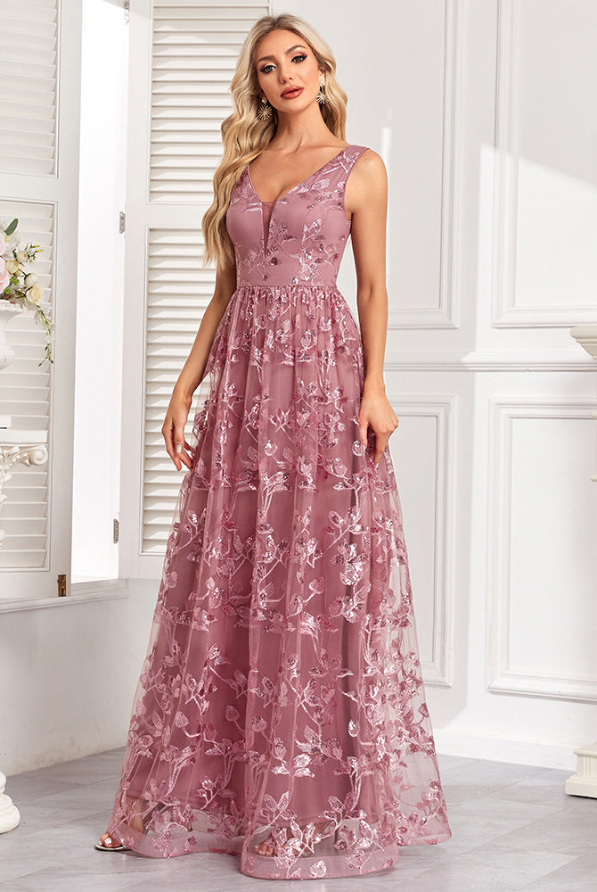 Mauve floral embroidered formal dress with mesh floral print and sleeveless design