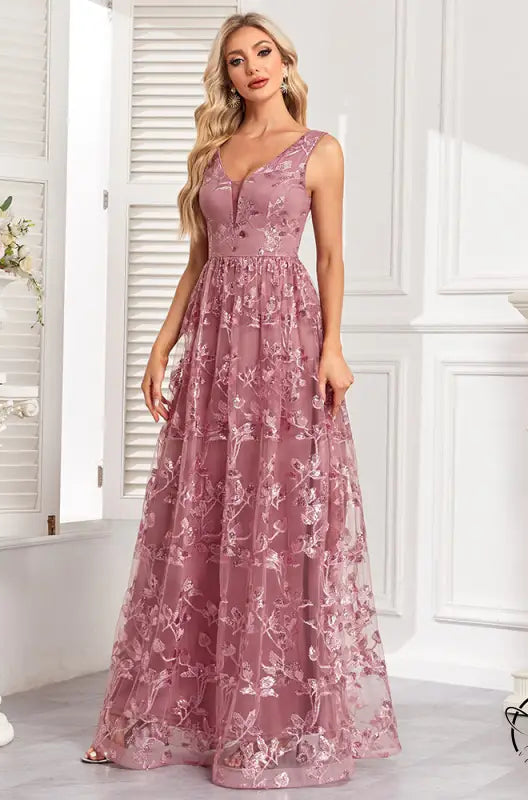 Mauve sleeveless mesh floral print evening dress with embroidery