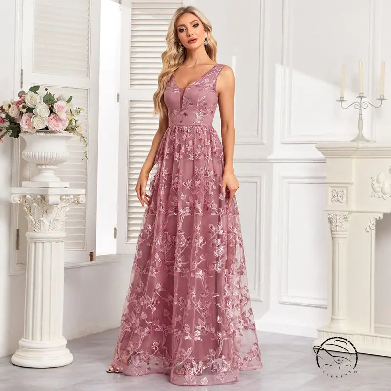 Mauve sleeveless mesh floral print evening dress with embroidery