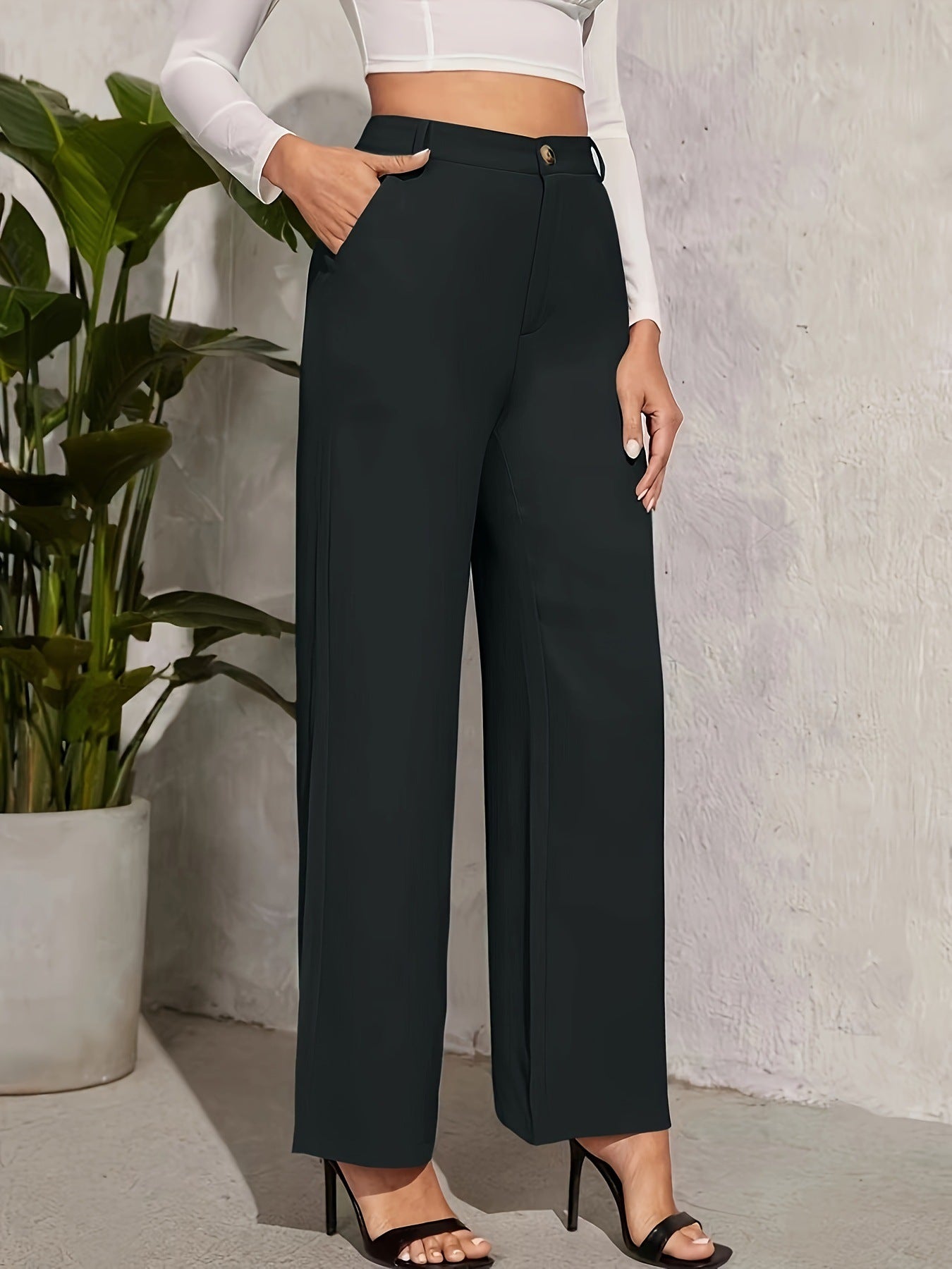 Elegant High Waist Wide Leg Straight Casual Pants in black, perfect for stylish fashion wear