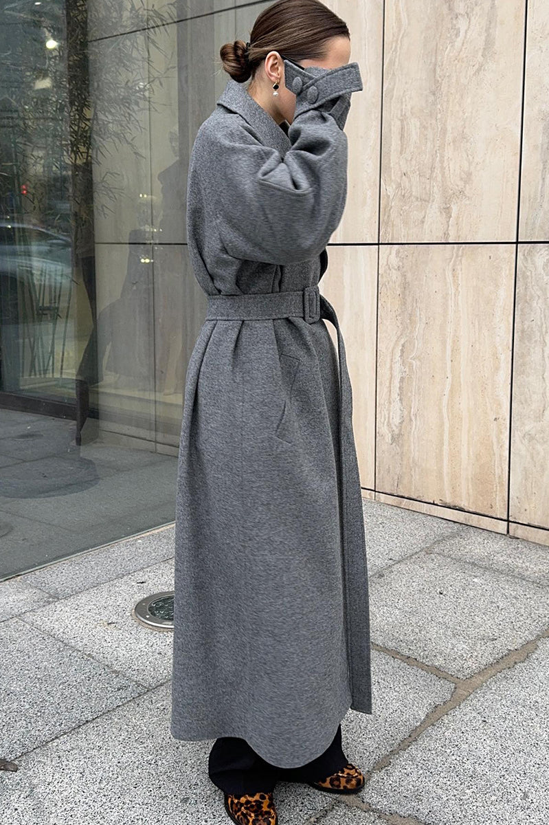 Langry fashion winter lace-up baggy woolen coat with belt and wide sleeves