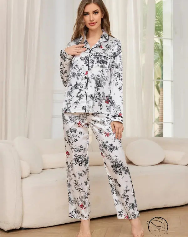 Women’s floral print satin pajama set with winter long sleeved trousers