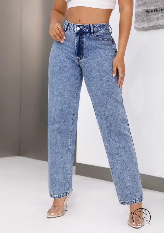 Women retro high waist straight leg denim trousers in light wash acid style