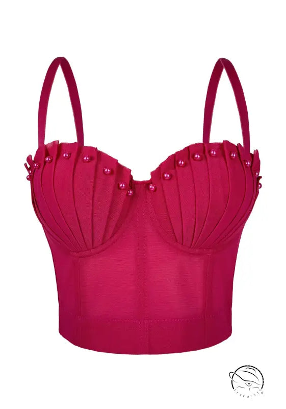 Langry fashion mesh pleated boning corset in magenta with pearl embellishments