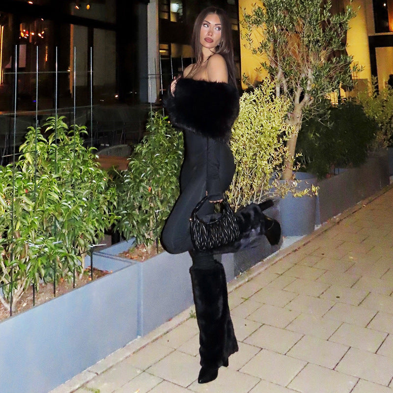 Elegant langry fashion black fur-trimmed off-shoulder jumpsuit
