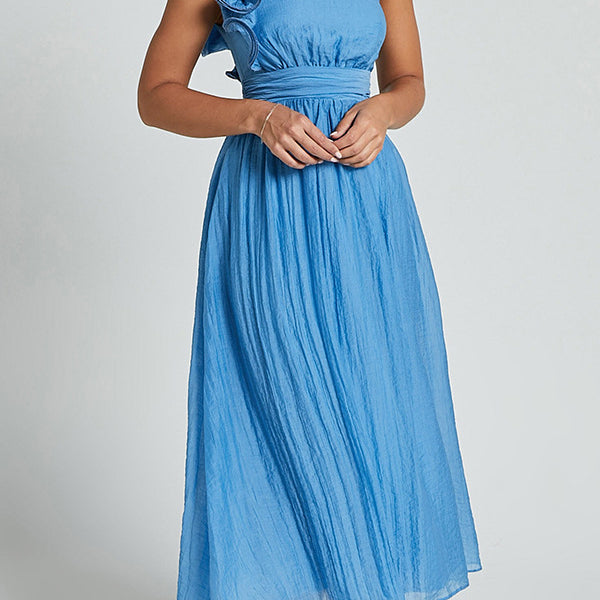 Light blue one-shoulder midi dress with ruffles and pleated skirt for stylish fashion