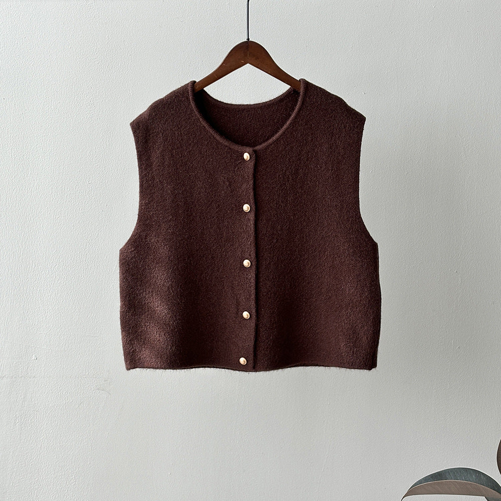 Brown fuzzy button-up vest from Gentle Knitted Vest, perfect for langry fashion and ملابس