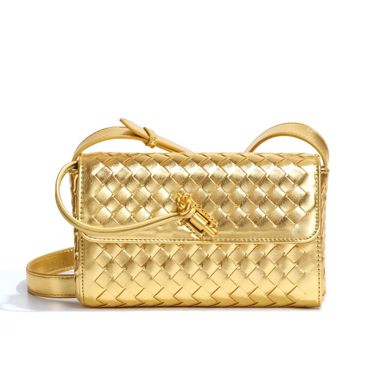 Gold woven leather shoulder bag from Elegant Woven Shoulder Bag collection, perfect for fashion